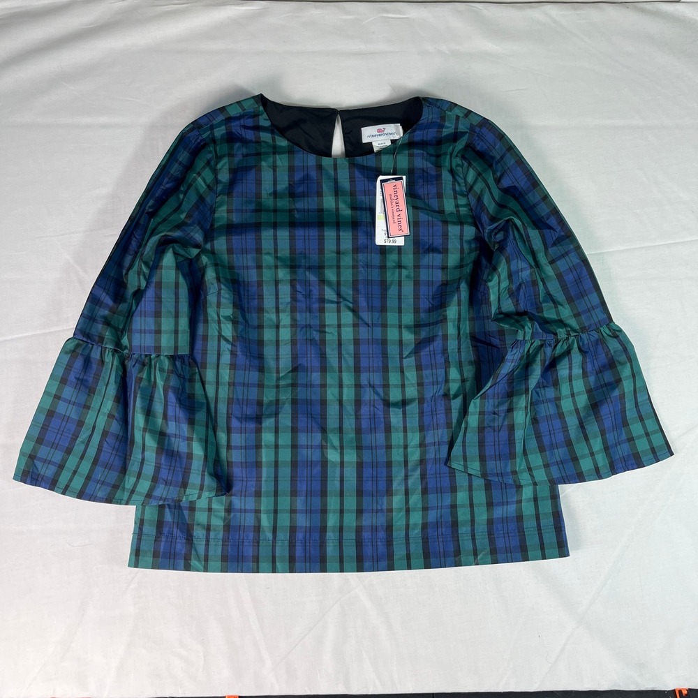 Vineyard Vines Taffeta Top Women 4 Blue Green NEW Blackwatch Plaid Bell Sleeve